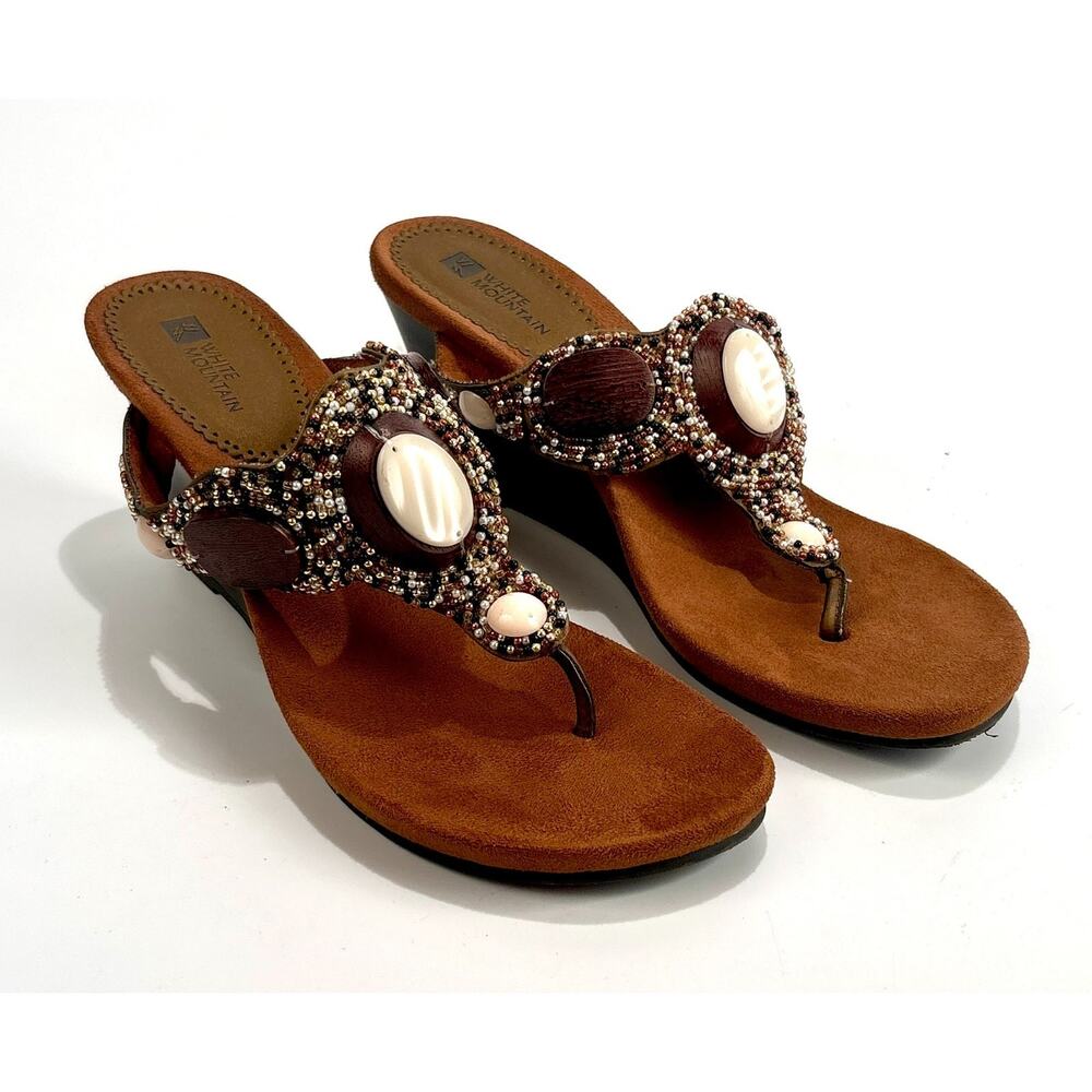 White Mountain Beaded Wedge Thong Sandals Women's 8.5 M Boho Flip Flops Festival